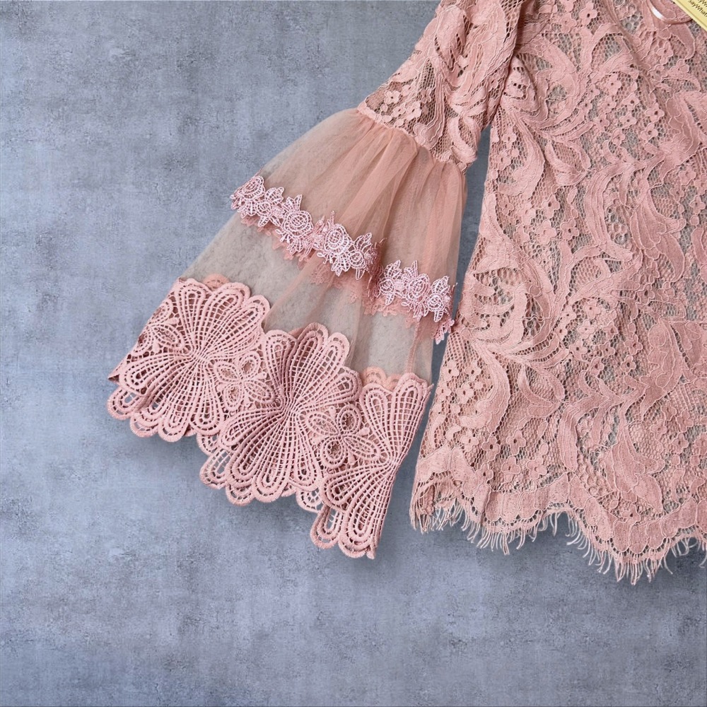 Say What Top Womens M Pink Lace‎ Bell Sleeve Sheer Romantic Feminine Elegant NEW - Picture 4 of 10